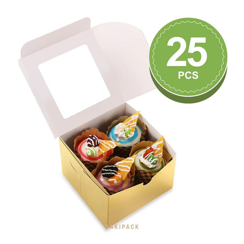 Next Level Gold Bakery Boxes With Crisp Clear Window 25 Pack 6X6X4 Inches Cake Containers for Cupcakes Desserts Cookies Party Favors.