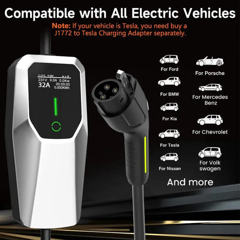 Portable 26ft EV Charger Cable With NEMA 14-50 And 5-15 Plugs, 7.68 kW 32A device, compatible with various electric vehicles.