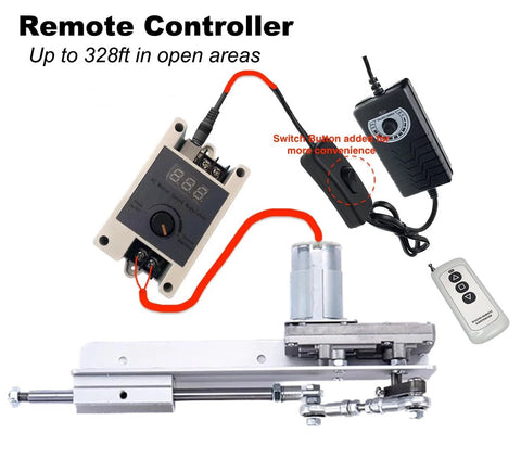 DC24V reciprocating linear actuator with remote control; silver metal actuator, controller module, end connector, and power supply.