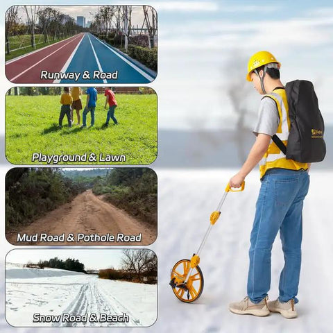 Person using Heavy Duty Foot Measuring Wheel on snow road, showcasing versatility for outdoor environments.