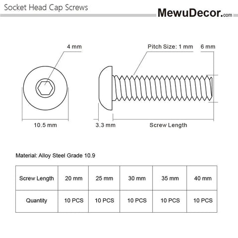 Diagram of M6 Button Head Socket Cap Screws Set Alloy Steel Grade 10.9 With Allen Hex Drive Fully Threaded dimensions and quantity.