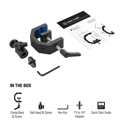 Heavy Duty Aluminum Camera And Lighting Mount Featuring Adjustable Ball Head with clamp base, hex key, and quick start guide.
