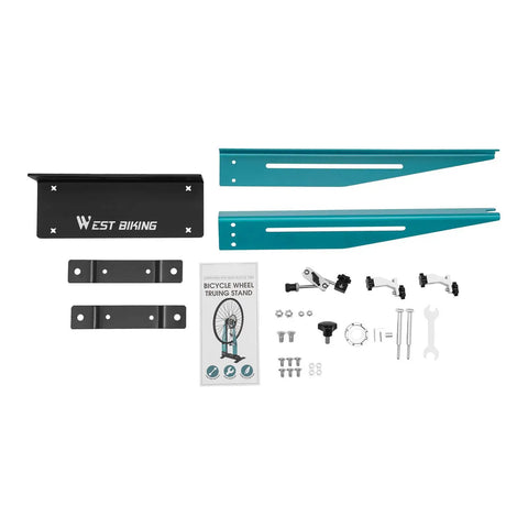 Components of Portable Wheel Truing Stand For Bicycle And Bike Wheels With Spoke Wrench Precise Rim Alignment Kit.