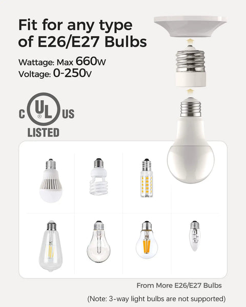 UL Listed Ceramic Mogul To Medium Base Socket Adapter For Antique Floor Lamps Not For Three Way Bulbs Porcelain Lamp Socket Converter From E39 To E26 Durable Ceramic Construction For Restoring Old School Vintage Lighting shown with bulb compatibility chart.