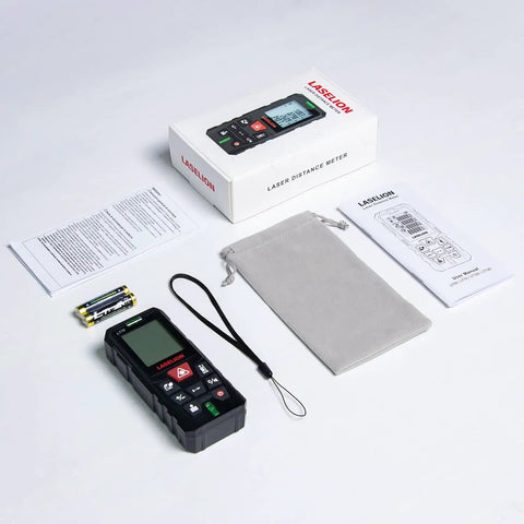 Heavy Duty Laser Measure Tool With Dead On Precision And 229 Foot Range with user manual, battery, and storage pouch.