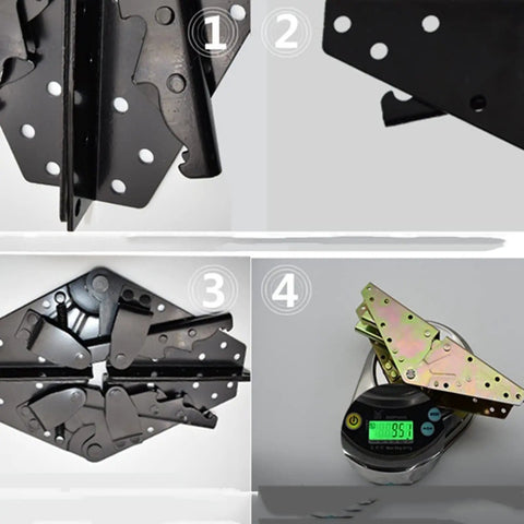 Folding Bed Lift Hinge With 3 Position Angle Mechanism showing self-locking parts and hydraulic buffer on digital scale.