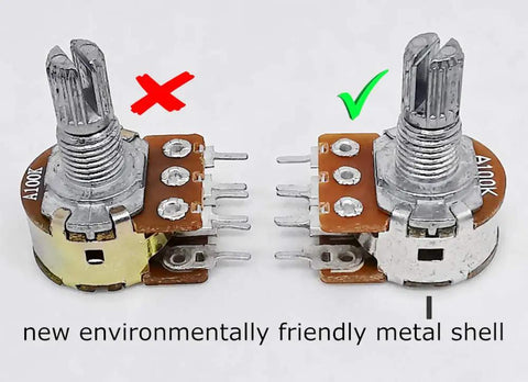 Comparison of two A100K potentiometers from Dope 50 Piece Dual Gang Stereo Potentiometer Kit, highlighting environmental metal shell.