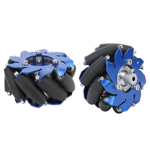 Pair of blue aluminum 4in Mecanum wheels with TPU rollers for robots