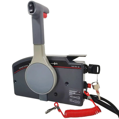 Remote control box for outboard engines, grey with red safety key, part of the Outboard Pull Start Throttle Harness Kit.