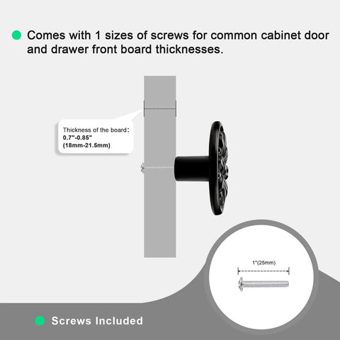 Diagram showing screw size for Single Hole Black Solid Zinc Alloy Cabinet Handles Eight Pack With Floral Embossed Drawer Pulls.