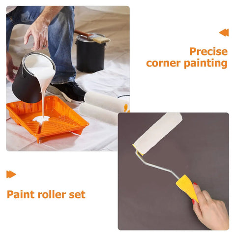 No Sweat 15 Piece Mini Paint Roller Set With 4 Inch Round Heads showing paint pouring and roller detail for precise corner painting.