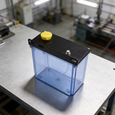 Sileduove 3L CNC Lubrication Water Box With Integrated Filter For Lathe Mill Drill Machine Low Pressure Spray Cooling System Oil Tank, clear tank with yellow cap.