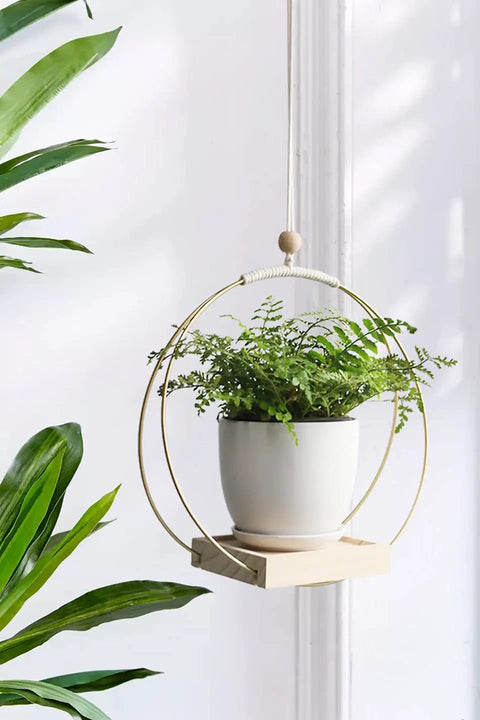 Golden Macrame Hanging Planter For Indoor Outdoor Plants With Wood Stand, Easy Install Wall Or Ceiling Plant Hanger Shelf
