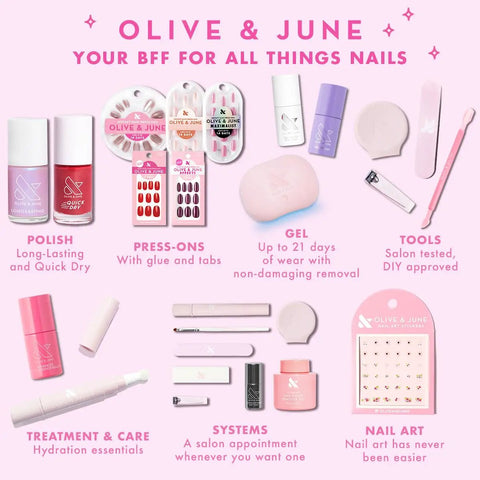 Olive & June nail products display including polish, press-ons, gel, tools, treatment, and nail art on pink background.