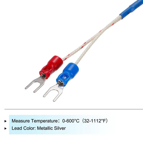 Close-up of a K Type Thermocouple Temperature Sensor Ring Probe with 6mm stainless steel ring, 1.6ft wire, 0 to 600C range.