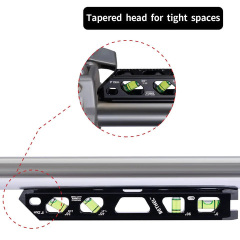 Pro Grade 9 Inch Magnetic Torpedo Level Featuring Four Crisp Bubble Vials with tapered head for tight spaces close-up view.