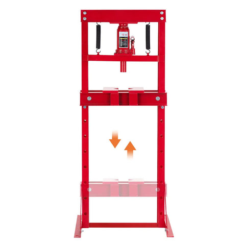 Built Tough As Nails 12 Ton Floor Shop Press Featuring Straight Shot Hydraulic H Design with adjustable steel plates.