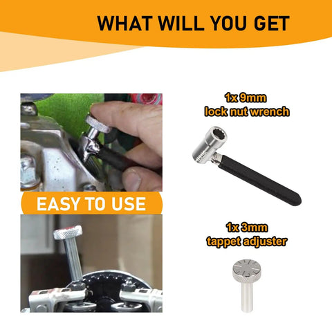 Close-up of Valve Clearance Adjustable Wrench 2 Piece Set For Bikes ATVs And Scooters Gy6 9mm Lock Nut and 3mm Tappet Adjuster