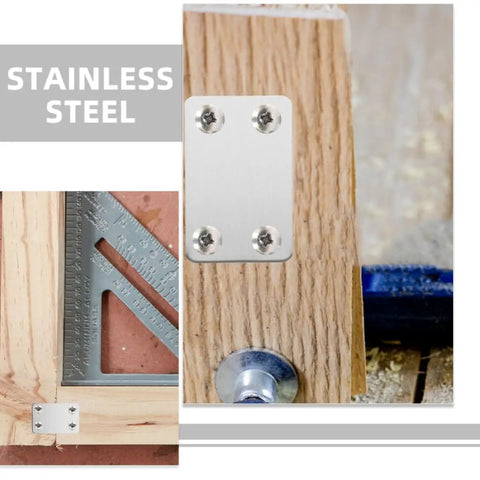 Close-up of 20 Pieces Stainless Steel Flat Brackets With Screws For Wood DIY Projects, attached to wooden surface.