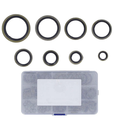 Heavy Duty 110 Piece Metal Bonded Oil Seal Washers Kit With High Temp Rubber O Rings displayed with storage box in 8 size set.