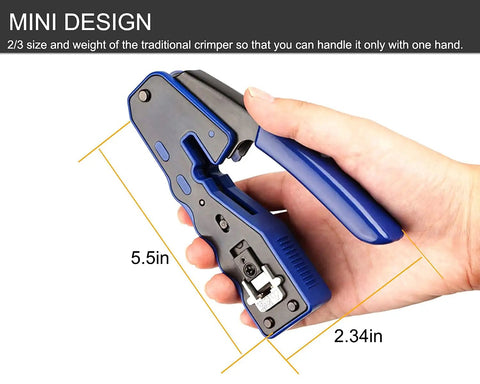Hand holding All-In-One RJ45 Crimp Tool Go-To Pass-Through Connectors, Works With Cat5e Cat6 Cat6a, Compact One-Hand Design