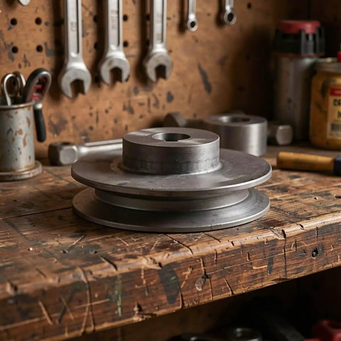 Durable Single Groove V-Belt Pulley With 19mm Bore And 100mm Od Cast Iron Build Includes 6mm Keyway on workbench.