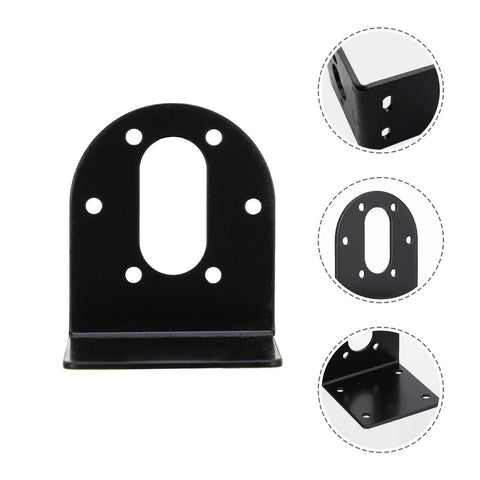 Black motor mounting bracket for robotics with multiple hole views and durable metal construction.