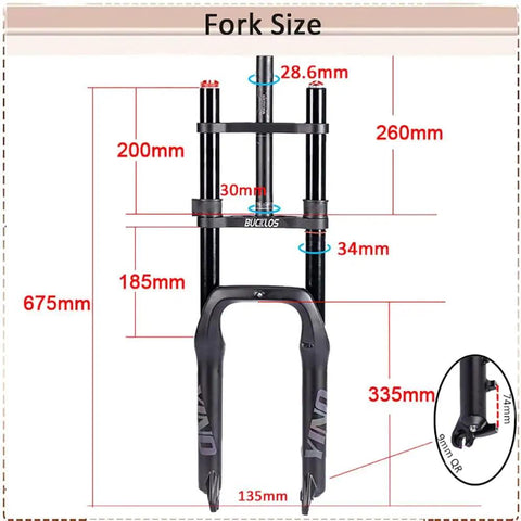 Diagram of Dope 20 Inch Fat Tire E Bike Front Fork With Air Suspension 180mm Travel showing dimensions and details