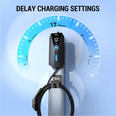 Portable Electric Car Charger For Level 1 And Level 2 EVs J1772 Compatible with delay charging settings displayed