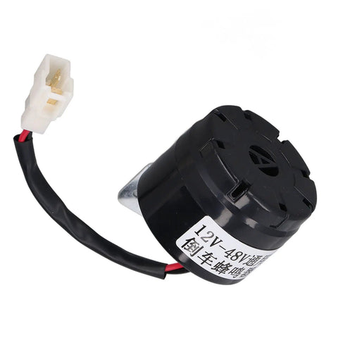 Universal 12 To 48 Volt Forklift Backup Alarm Reverse Buzzer Loud Warning Sounder with black ABS shell and wiring.