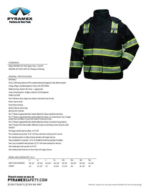 Waterproof Black Parka With Teflon Coating And Quilted Lining ANSI Type O Class 1 Detachable Hood Reflective Trim 5 Pockets