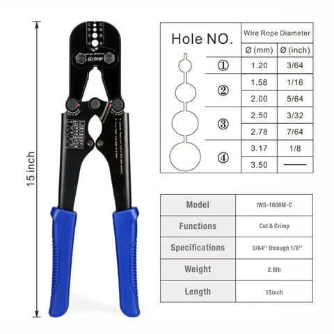 All In One Wire Rope Swaging Tool With Built In Cutter For Aluminum And Copper Sleeves Stop Loops And Ferrules Cuts Up To 1/8 Inch Heavy Duty Carbon Steel Rust Resistant Finish Pro Grade For Quick Scratch Free Swaging displayed with dimensions and specifications chart.