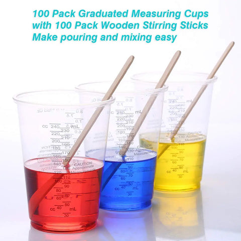 100 Pack 8oz Graduated Clear Plastic Measuring Cups With Wooden Stirring Sticks For Mixing Paints Pigments Epoxy Resins And Other Materials