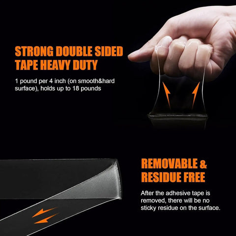 Heavy Duty Double Sided Adhesive Tape Roll With Super Grippy Nano Gel Rock Solid Mounting Strips, showcasing tape's strength and residue-free removal.