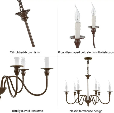 Six Light Farmhouse Chandelier In Oil Rubbed Brown And White Finish with 6 candle-shaped bulbs and metal arms detail
