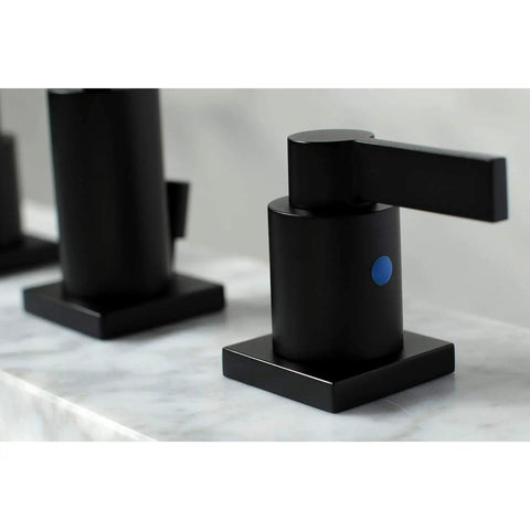Matte Black Widespread Bathroom Faucet With Pop Up Drain, Solid Brass Construction, Drip Free Ceramic Disc, Deck Mount, handle closeup