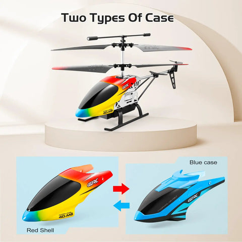 M5 RC Helicopter For Kids And Beginners With Altitude Hold, showing two shell options: colorful red design and blue design.