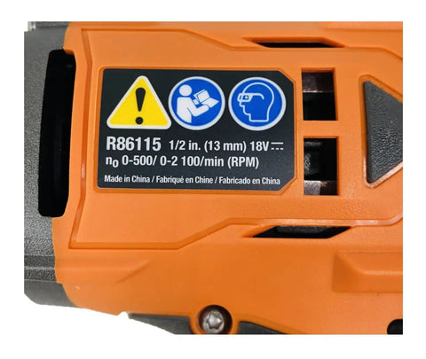 Close-up of the control panel and safety labels on the Beast Mode 18V Brushless Cordless Hammer Drill Driver.
