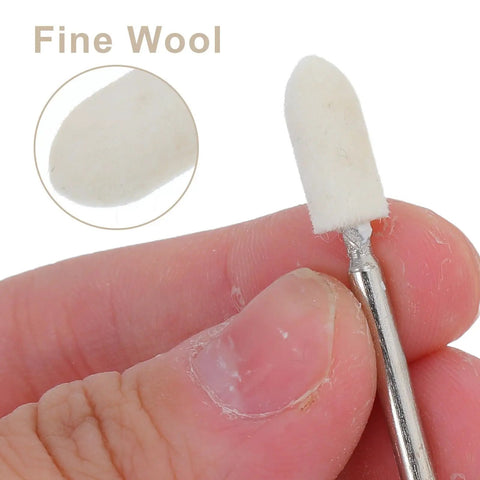 Close-up of Top Tier Mounted Mandrel Polishing Wheel Bits Kit 100pcs Wool Felt with 3mm Shank for buffing metal surfaces.