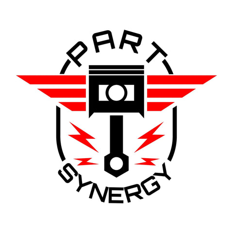 Logo of Part Synergy featuring a piston with wings and lightning bolts, symbolizing automotive performance and innovation.