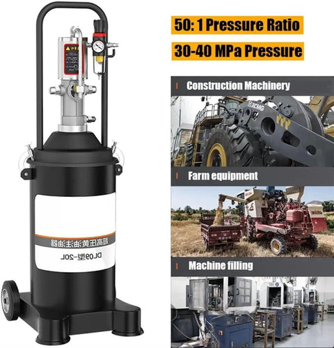 Pro Gear Air Powered Grease Pump Setup For Twenty Liter Barrels With Reinforced Hose And Ergonomic Grease Gun for high pressure lubrication.