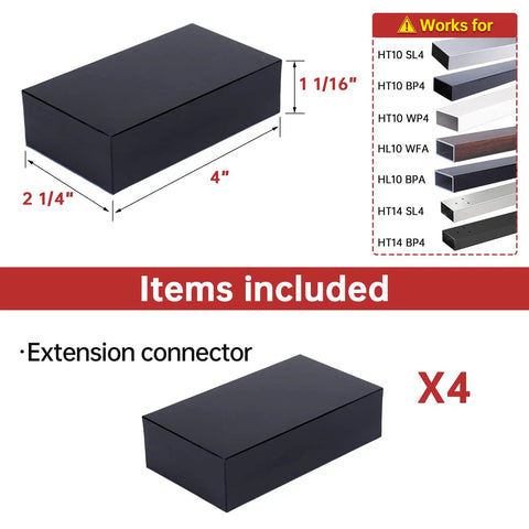 Flat Handrail Extension Connector 100mm 4 Pack For HT10 HL10 HT14 Rails Easy Install High Strength POM Handrail Fitting Hidden Inside Design HA01 BNP Durable and Secure Stair Railing Accessory package includes dimensions and compatibility chart.