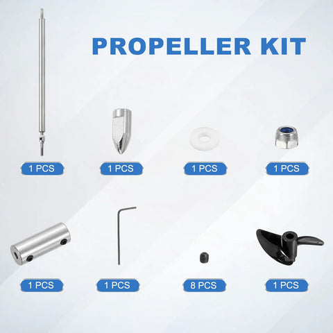 RC Boat Drive Shaft With 2-Blade Propeller Kit showing all components including 250mm shaft, 36mm prop, and stainless steel joint