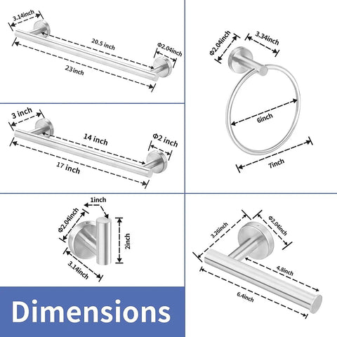 Dimensions of Six Piece Brushed Nickel Bathroom Hardware Set With Wall Mount Includes 23 Inch Towel Bar 17 Inch Towel Bar and more.