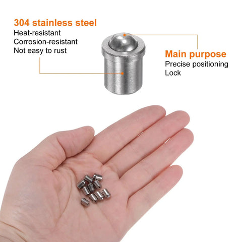 Top Shelf 304 Stainless Steel Ball Spring Plungers 10 Pack Precision Positioning Hardware For Furniture And Mechanics Sweet Smooth Glide Badass Heavy Duty Build Quality displayed in hand with one larger plunger.