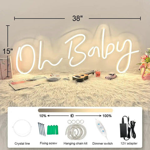 Oh Baby Neon Sign 38x15 Inches Light Up Backdrop Dimmable With Accessories On Table