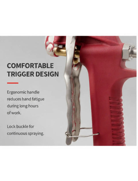Close-up view of the Top Tier Pro Hustle Pneumatic Mortar Sprayer Gun trigger design showing ergonomic handle for comfort.