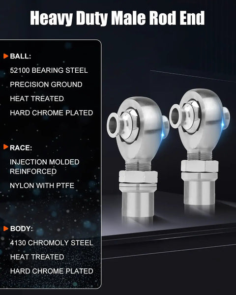 Heavy Duty Male Rod End made of 4130 Chromoly steel; features 52100 bearing steel ball, precision ground, heat treated.