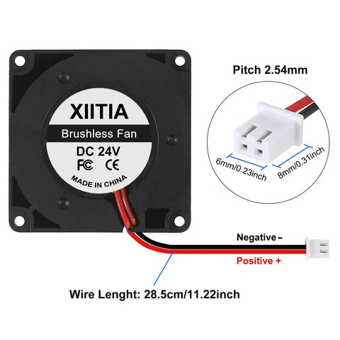 Top Shelf 6 Pack 4010 Blower Fan Dc 24v Turbo Cooling Module 40 By 40 By 10 Mm With Two Pin Lead, showing wiring and connector details.