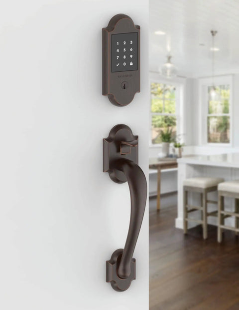 Badass Smart Touchscreen Door Lock with Z-Wave Compatibility and Keyless Entry, solid brass single cylinder with touchscreen.